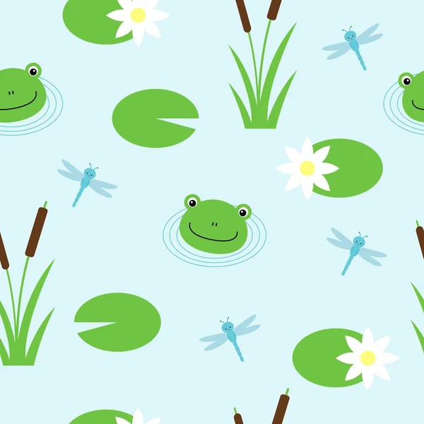 Seamless pattern with cute frogs and dragonflies. Vector background for kids.
