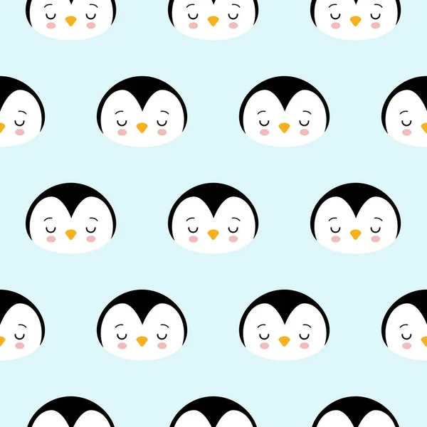 Modello senza soluzione di continuità di disegno del pinguino del fumetto carino su sfondo blu — Vettoriale Stock