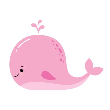 Sevimli çizgi balina. Sevimli küçük pembe balina vektör çizim toplama.