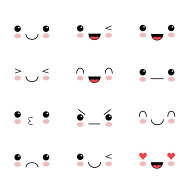 Sevimli güzel kawaii ifade kümesi. Çocuksu manga çizgi film yüzüne doodle.