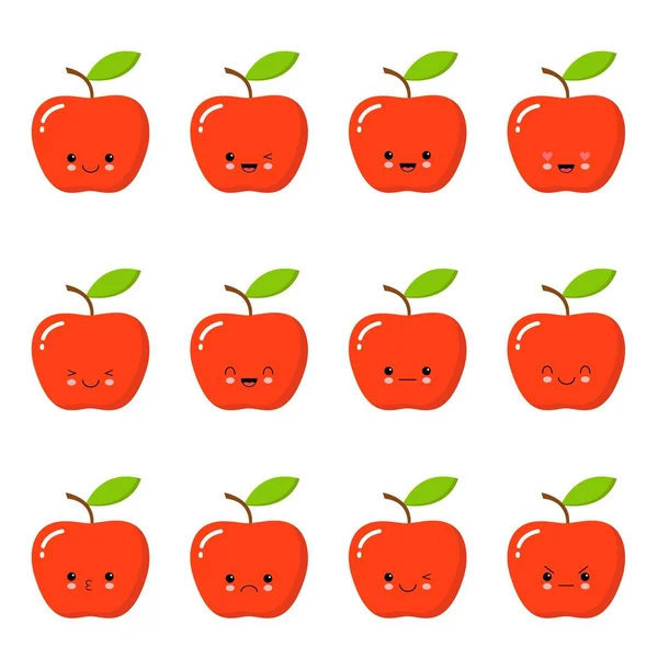 Manzana roja Kawaii. Cara linda emoticono sobre un fondo blanco. Emoticon icono . — Vector de stock