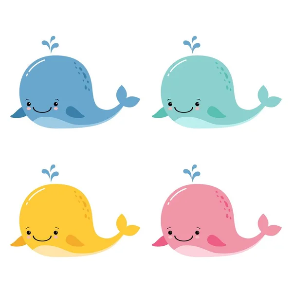 Set di 4 simpatiche balene divertenti colorate, stampe immagine, illustrazione vettoriale — Vettoriale Stock