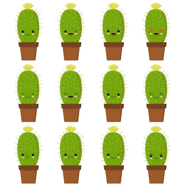 Cactus tekens sett, grappige cactussen met verschillende emoties vector illustraties op een witte achtergrond — Stockvector