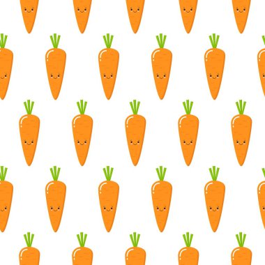 Havuç, beyaz arka planda Kawaii sebze şirin sebze karakterlerle vektör seamless modeli