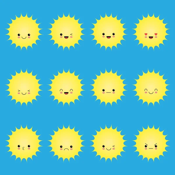 Ler Solen Uttryckssymboler Vektor Tecknad Leende Solnedgången Tecknad Ansikte Solen — Stock vektor