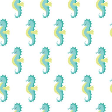 Vektör beyaz arka plan üzerinde şirin deniz atı ile seamless modeli. Kawaii hayvan desen