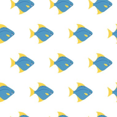 Beyaz arka plan üzerinde küçük mavi balıklar. Düz stil tasarlamak vektör Dikişsiz desen. Şirin kawaii stili