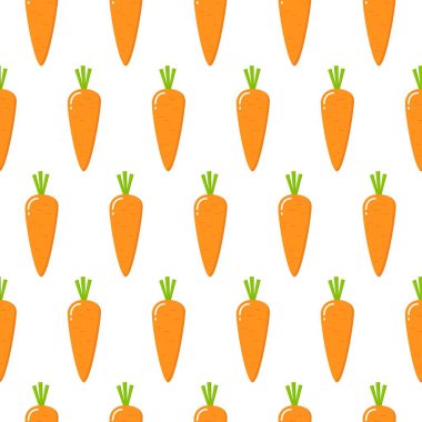 Beyaz arka planda turuncu havuçlu, pürüzsüz bir şekil. Bitkisel yaz şablonu, tasarım için renkli parmak izi. Havuç deseni..