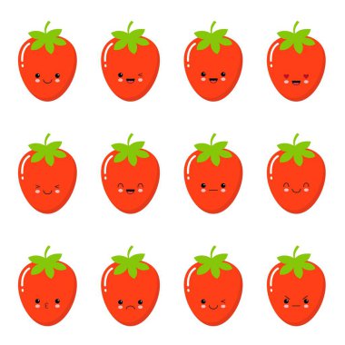 Çilek duygular yüz ayarlayın. Çilek suratlar ayarlayın. Çilek Kawaii ile beyaz bir arka plan üzerinde yüz. Çilek sevimli karakteri, maskot, farklı duygular ile ayarlayın. Vektör çizim