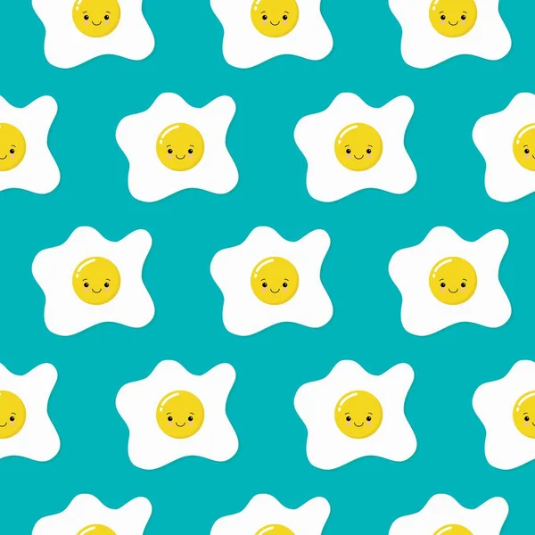 Fried eggs seamless pattern wallpaper on blue background, Simple flat design, Vector illustration — Stock Vector