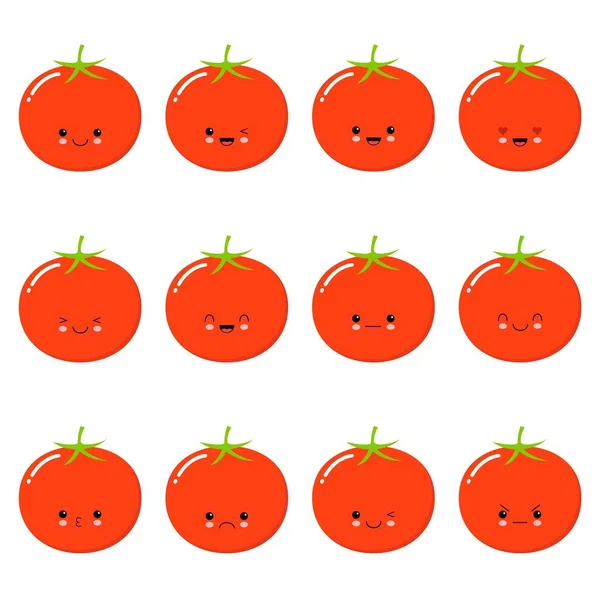 Komik domates - izole vektör çizgi emoticons. Şirin emoji ile güzel bir karakter kümesi. Kawaii şirin sebze