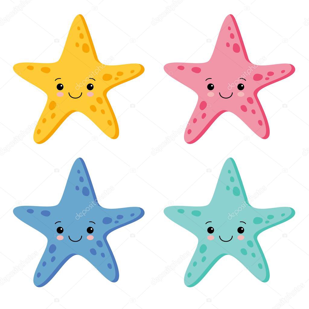 Cute Colorful Starfish Set in White Background. Vector Illustration