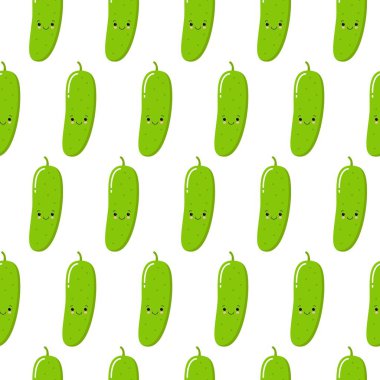 Vektör beyaz arka plan üzerinde sevimli çizgi salatalık ile seamless modeli. Vektör sebze güçlü duygu. Kawaii stili