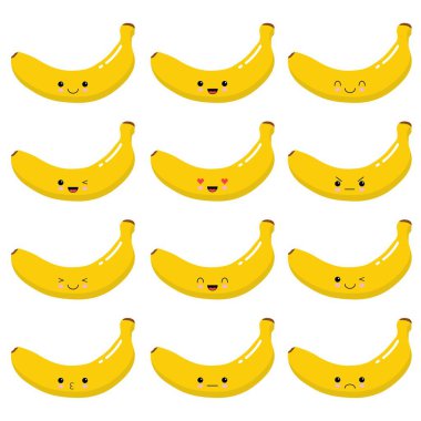 Çok şirin Kawaii muz meyve. Duygular kümesi. Vektör tasarımı