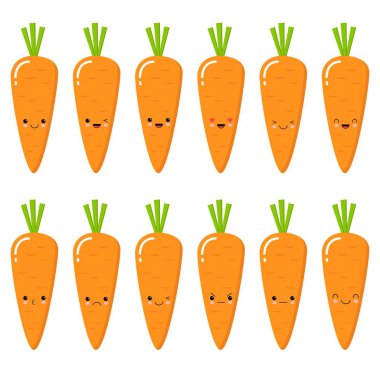 Şirin surat havuç kümesi. Emoji havuç kümesi. Sebze gülümse. Beyaz arka plan üzerinde izole düz vektör çizim.