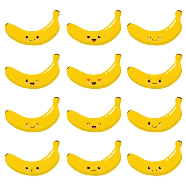 Bardzo ładny Kawaii owoce banan. Zestaw emocji. Projekt wektor — Wektor stockowy