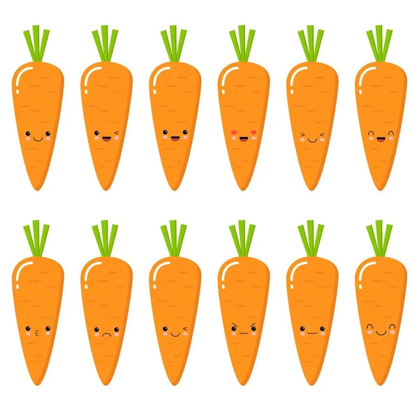 Conjunto de zanahorias sonrientes lindas. Conjunto de zanahoria Emoji. Sonríe vegetal. Ilustración vectorial plana aislada sobre fondo blanco . — Vector de stock