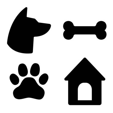 Köpek Icons Set. Dog head, pençe, kemik, köpek evi. Vektör