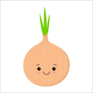 Sevimli mutlu gülümseyen yay soğan sebze. Vektör modern düz stil karikatür karakter illüstrasyon. Beyaz arka planda yalıtılmış.