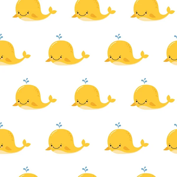 Cute background with cartoon yellow whales. Kawaii animal pattern