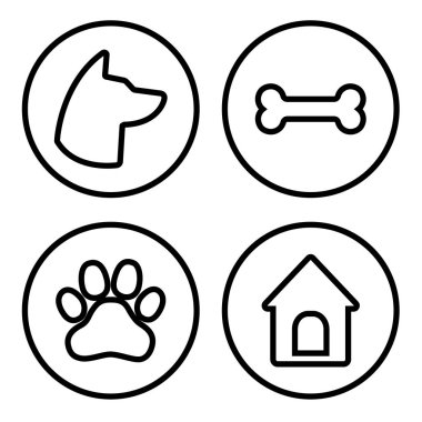 Köpek yuvarlak simgeler ayarlayın. Köpek kafası, pençe, kemik, köpek evi. Vektör