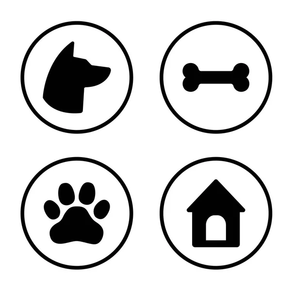 Köpek yuvarlak simgeler ayarlayın. Köpek kafası, pençe, kemik, köpek evi. Vektör
