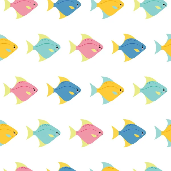 Pequeños peces de colores sobre fondo blanco. Patrón sin costura de vector abstracto en estilo plano — Vector de stock