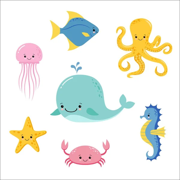 Bayi ikan laut yang lucu. Kartun vektor di bawah air koleksi hewan. Ubur-ubur dan bintang laut, laut dan ilustrasi kehidupan laut - Stok Vektor