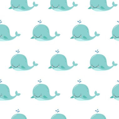 Sevimli çizgi film mavi balinalar ile arka plan. Kawaii hayvan desen