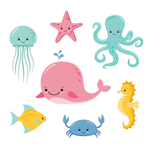 Schattige baby zee vissen. Vector cartoon onderwater dieren collectie. Kwallen en zeester, Oceaan en zee leven illustratie — Stockvector