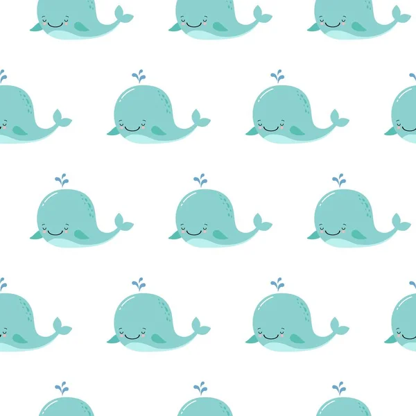 Lindo fondo con ballenas azules de dibujos animados. Patrón animal de Kawaii — Vector de stock