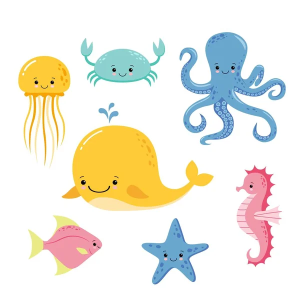 Carini i pesciolini di mare. Raccolta di animali sottomarini del fumetto vettoriale. Meduse e stelle marine, oceano e vita marina illustrazione — Vettoriale Stock