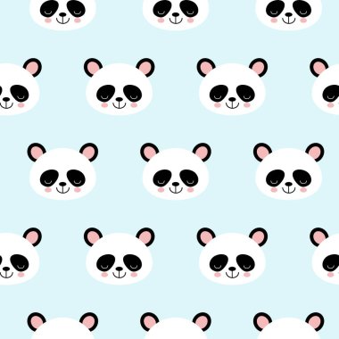 Açık mavi arka planda Dikişsiz vektör desen panda ayı deseni. Farklı jestlerle küçük pandalar.