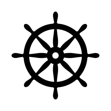 Deniz siyah dümen beyaz izole. Gemi ve tekne direksiyon işareti. Tekne tekerleği kontrol simgesi. Dümen etiketi.