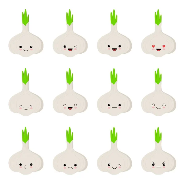 Vector illustratie van een knoflook cute cartoon plantaardige vector karakter set geïsoleerd op wit. Emoties. Kawaii — Stockvector