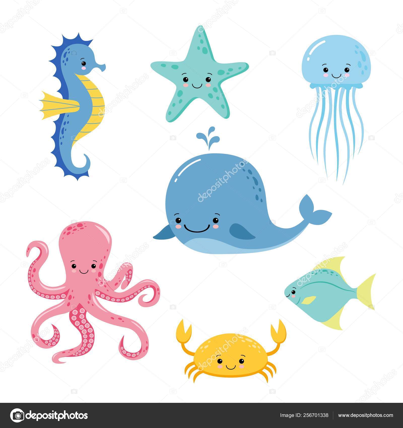 Cute baby sea fishes. Vector cartoon underwater animals collection.  Jellyfish and starfish, ocean and sea life illustration Stock Vector Image  by ©YuliaR #256701338