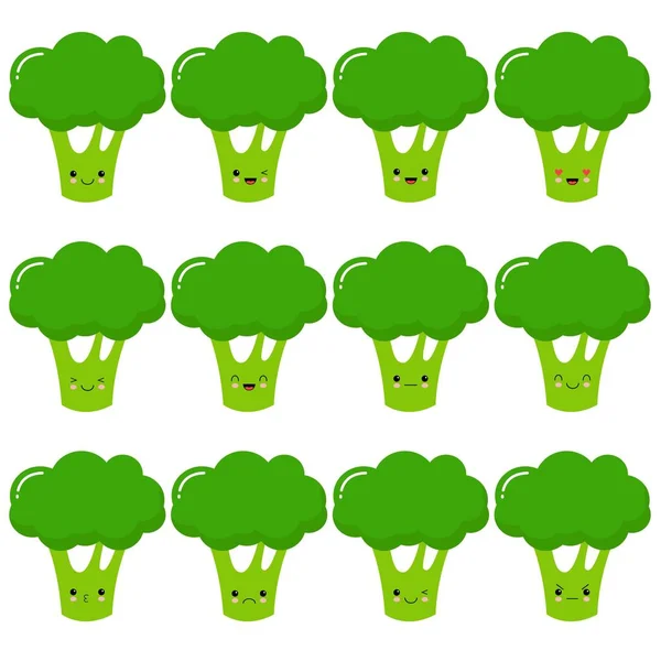 Set vektor lucu ceria kartun brokoli mengekspresikan emosi yang berbeda, terisolasi pada latar belakang putih - Stok Vektor