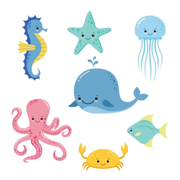 Peixes marinhos bonitos. Coleção de animais subaquáticos de desenhos animados vetoriais. Jellyfish e estrela do mar, oceano e vida marinha ilustração — Vetor de Stock