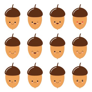 Emoji gülen simgesi Tema sonbahar tatil vektör Illustration. Sonbahar suratlar. Meşe palamudu