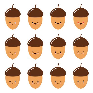 Vector illustration of emoji smiley icon on theme of autumn holiday. Autumn Smileys. Oak acorn clipart