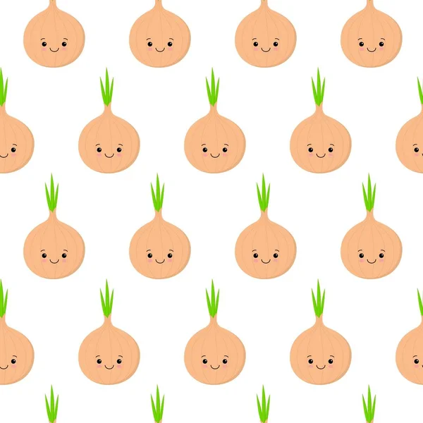 Cute kawaii bollen van uien met lachende gezichten, ogen en groene pijlen van UI, op witte achtergrond, naadloze vector patroon — Stockvector