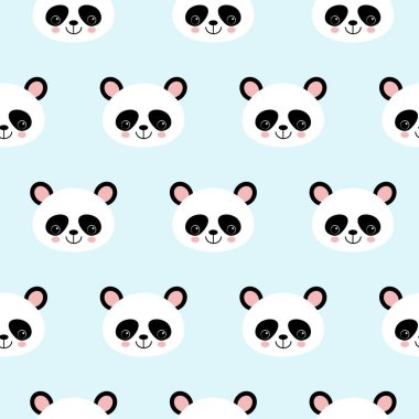 Açık mavi arka planda Dikişsiz vektör desen panda ayı deseni. Farklı jestlerle küçük pandalar.