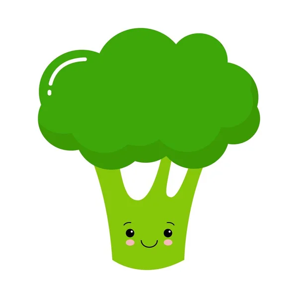 Icona dei broccoli. Colore verde. Raccolta di verdure. Fattoria fresca cibo sano. Faccia sorridente. Carino il personaggio dei cartoni animati. Tessera didattica per bambini. Design piatto. Stile Kawaii — Vettoriale Stock