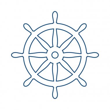 Deniz mavisi dümen beyaz üzerine izole. Gemi ve tekne direksiyon işareti. Tekne tekerleği kontrol simgesi. Dümen etiketi.