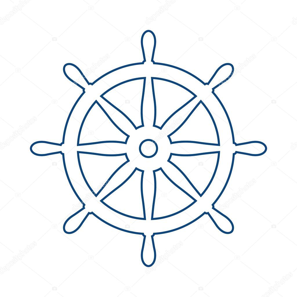 Nautical blue helm isolated on white. Ship and boat steering wheel sign. Boat wheel control icon. Rudder label.