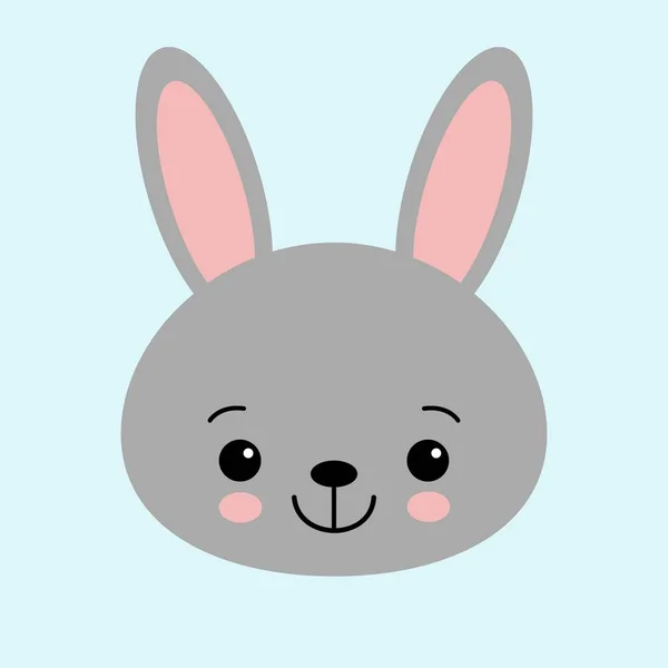 Grijze konijn. Grappig hoofd gezicht. Grote oren. Schattig kawaii cartoon karakter. Baby wenskaart sjabloon. Happy Easter teken symbool. Blauwe achtergrond. Plat ontwerp. — Stockvector