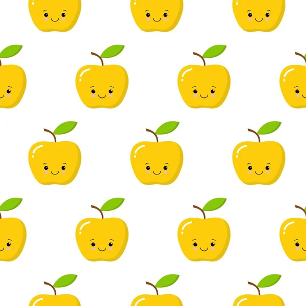 Jaune mignon kawaii pomme motif sans couture sur le fond blanc. Illustration vectorielle . — Image vectorielle