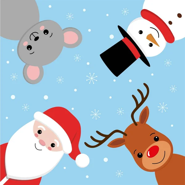 Buon Natale disegno banner vettoriale con carattere natalizio come Babbo Natale, renne, mouse e pupazzo di neve . — Vettoriale Stock