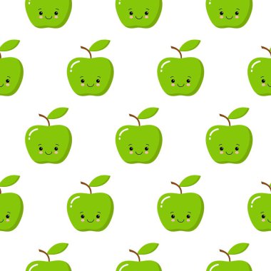 Beyaz arka plan üzerinde sevimli kawaii elma ile Vektör dikişsiz desen illüstrasyon. Karikatür tarzı