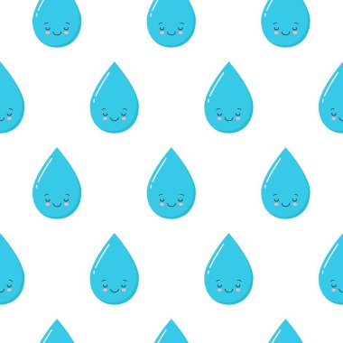 Yağmur dikişsiz vektör deseni. Düşen sevimli su damlaları. Mavinin tonları.